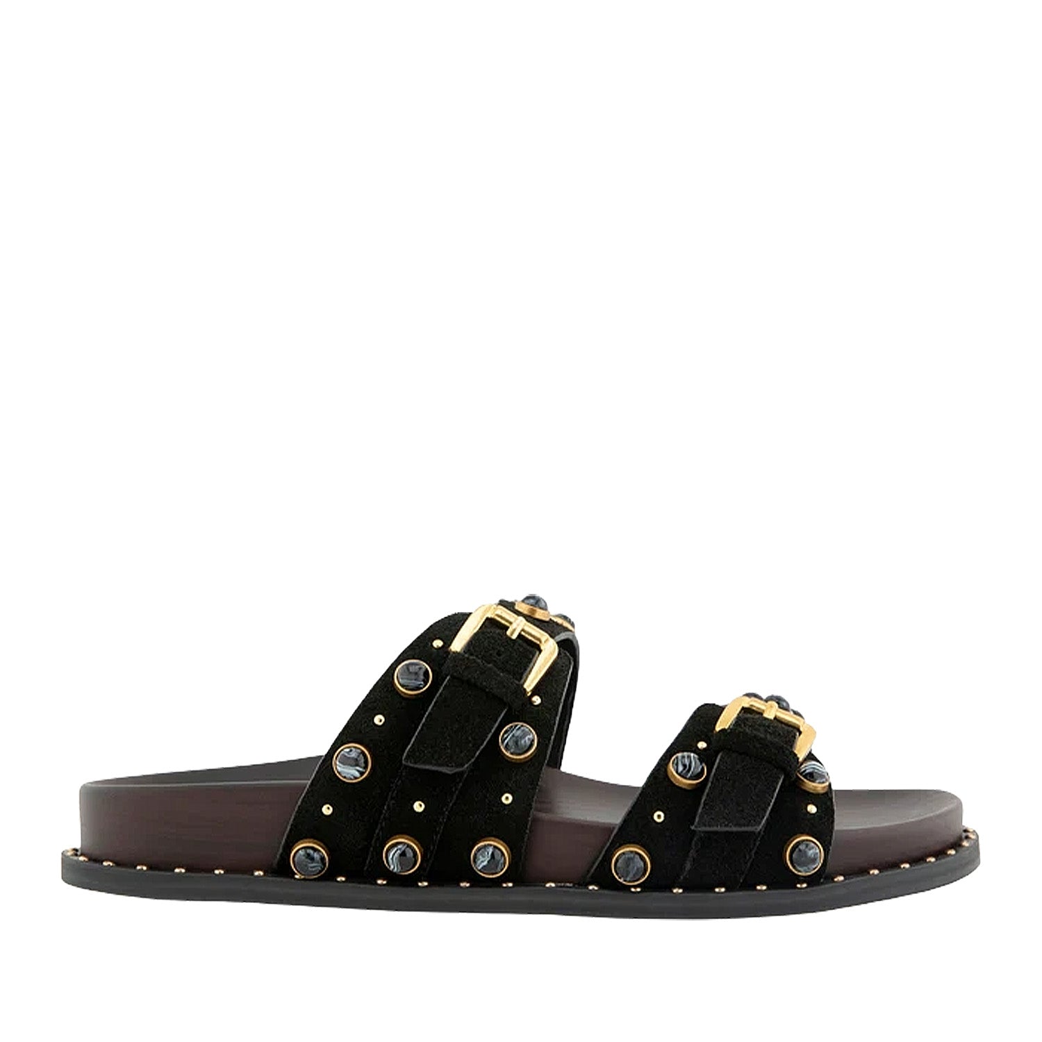 Black slip-on slide sandal with double straps, gold buckles, and round embellishment studs. 