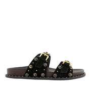 Black slip-on slide sandal with double straps, gold buckles, and round embellishment studs. 