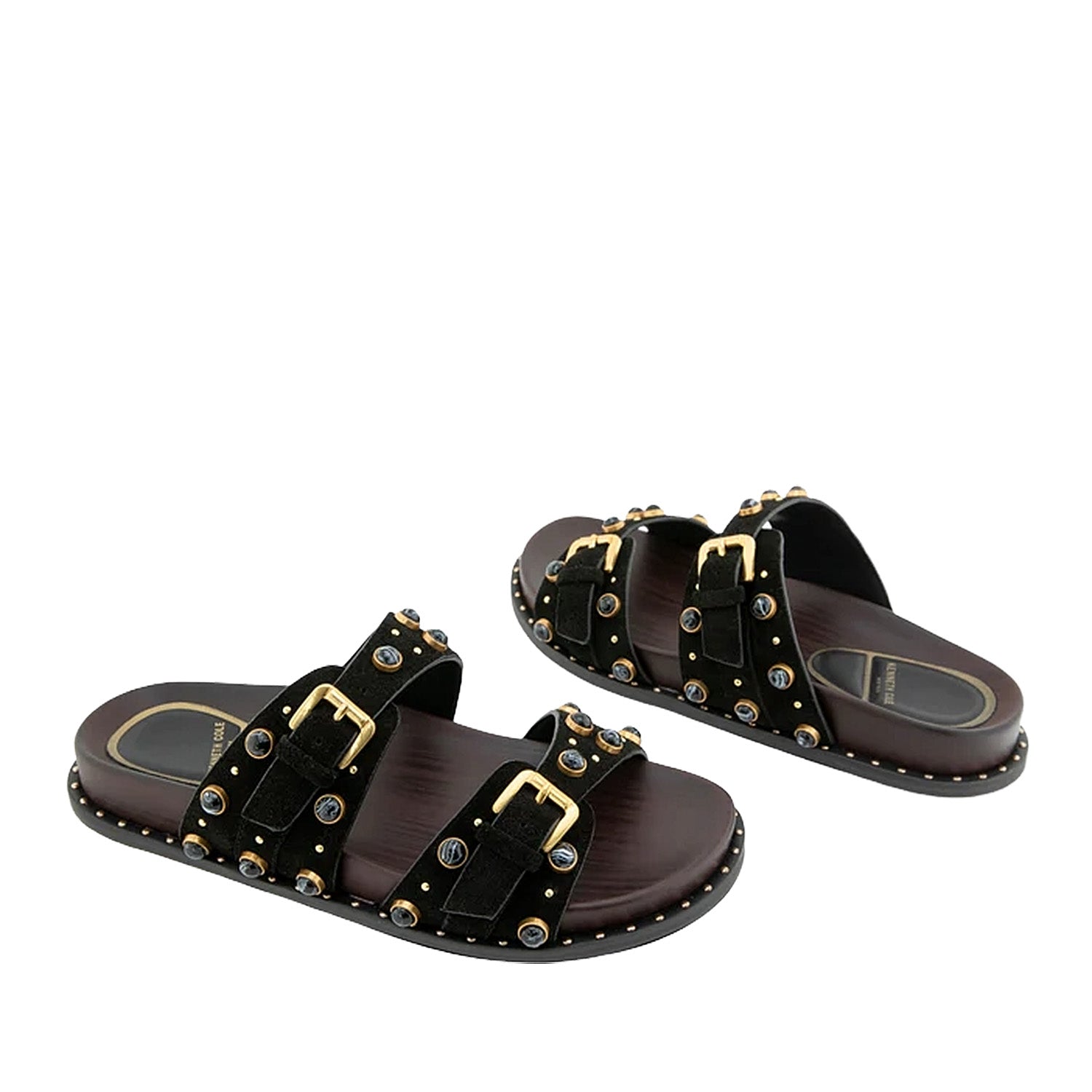 Black slip-on slide sandal with double straps, gold buckles, and round embellishment studs. 