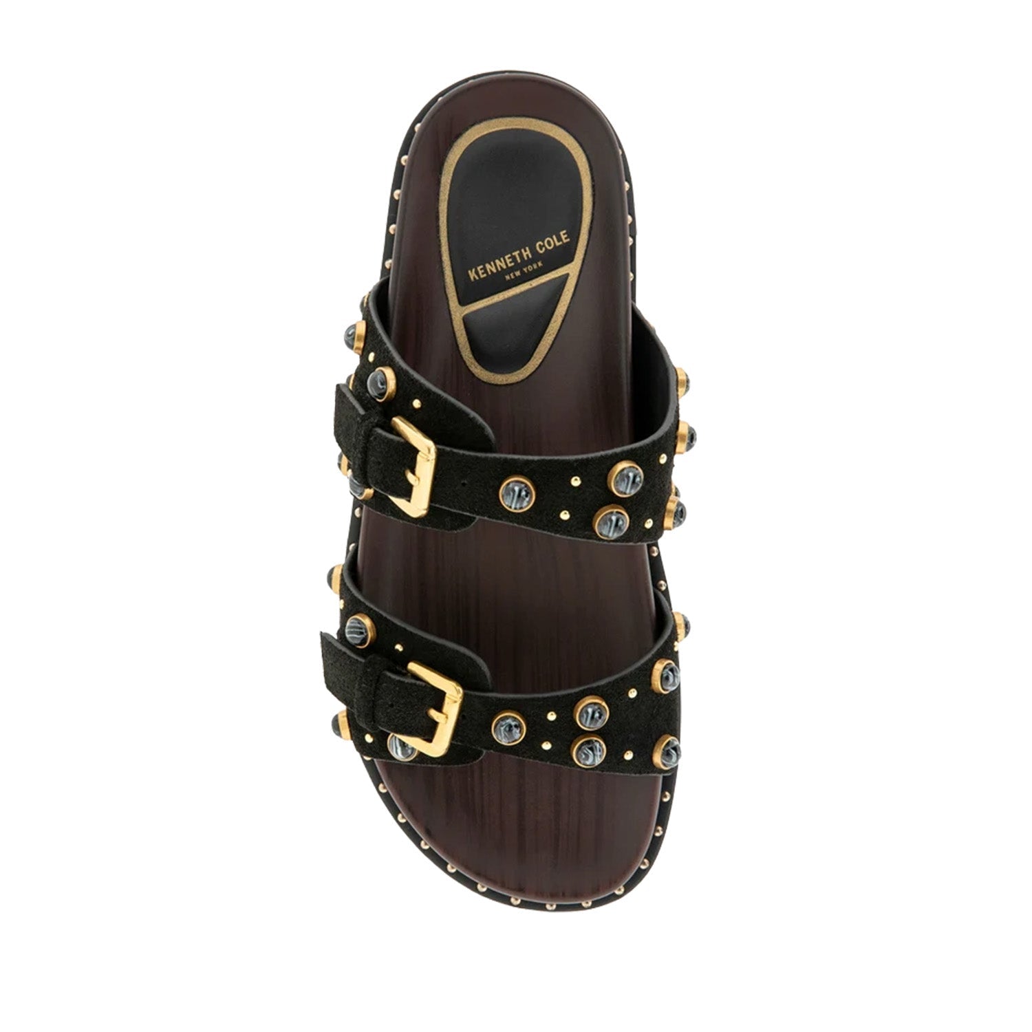 Black slip-on slide sandal with double straps, gold buckles, and round embellishment studs. 