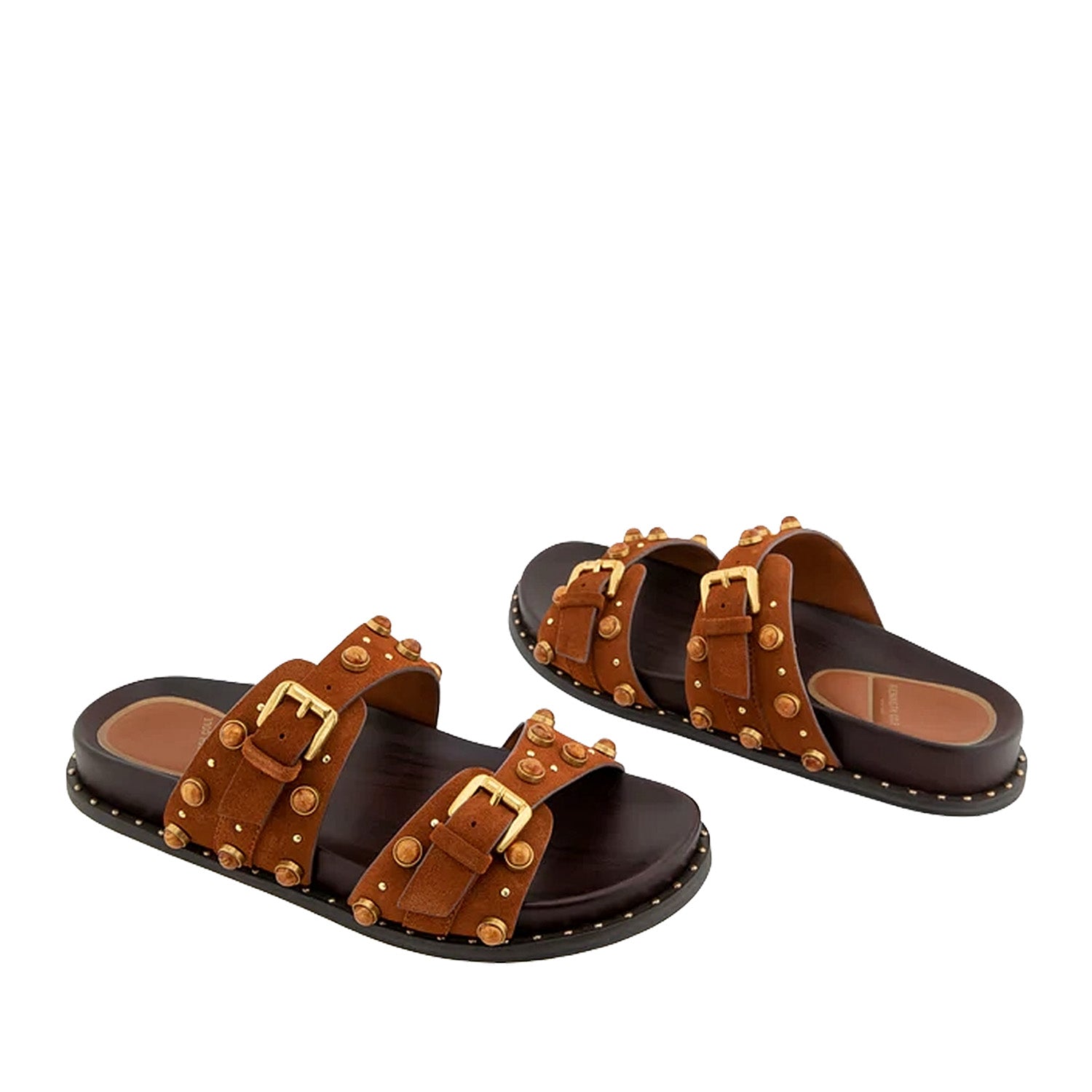 Orange brown slip-on slide sandal with double straps, gold buckles, and round embellishment studs. 