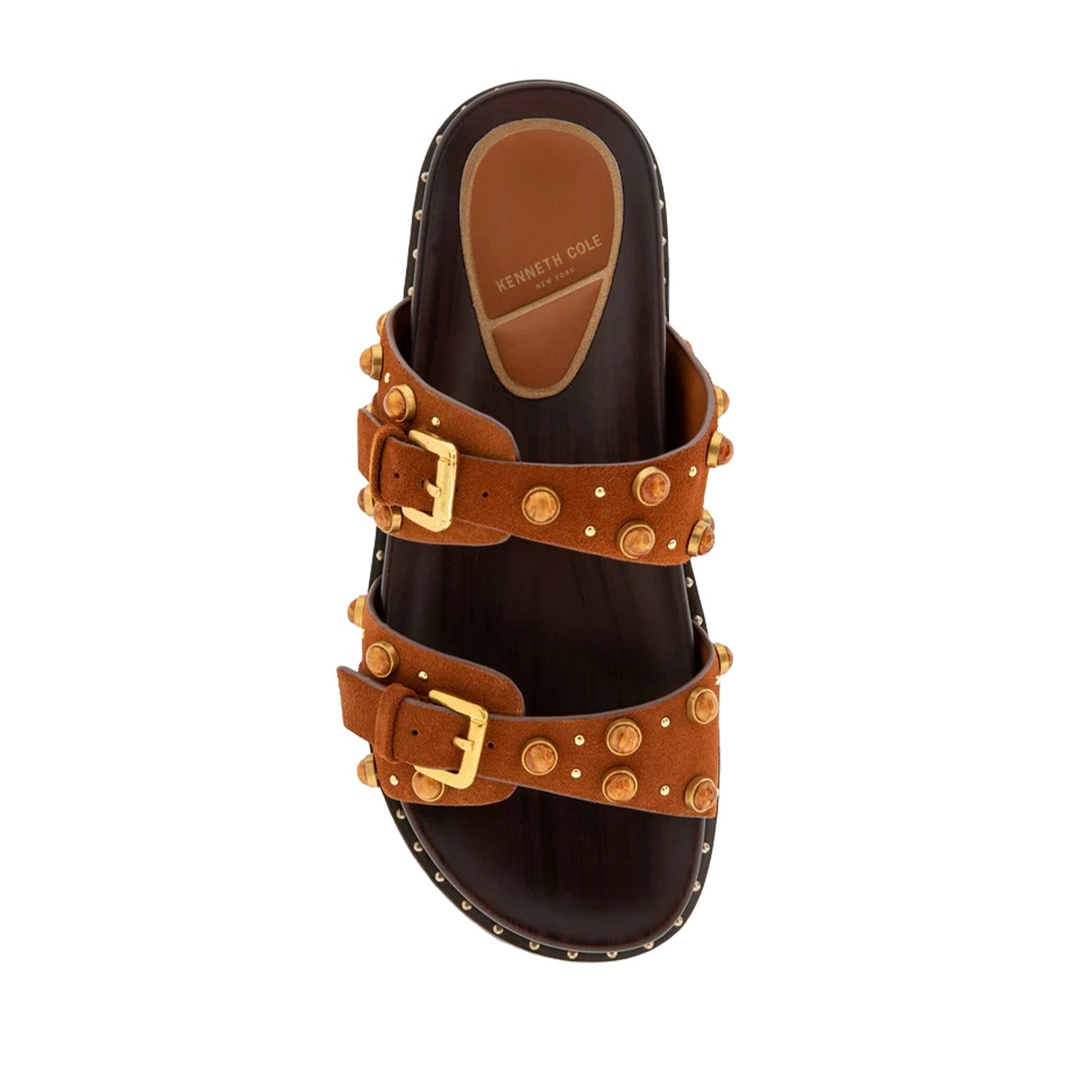 Orange brown slip-on slide sandal with double straps, gold buckles, and round embellishment studs. 