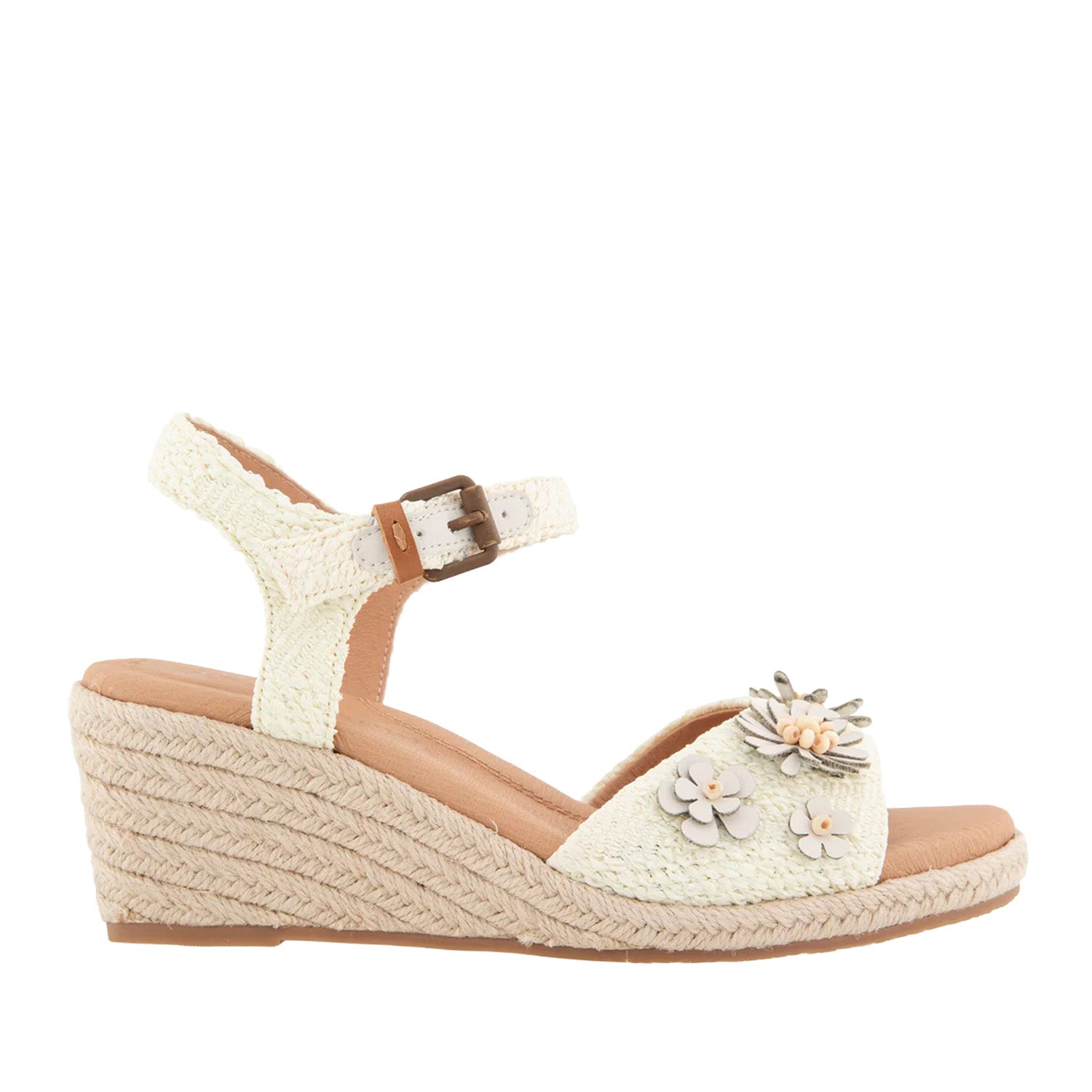 Off-white raffia espadrille wedge sandal with ankle strap buckle, and 3D flower embellishments on toe strap. 