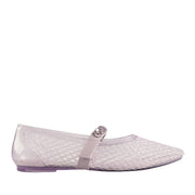 Light purple jelly woven mary-jane flat with rhinestone embellishments on strap. 