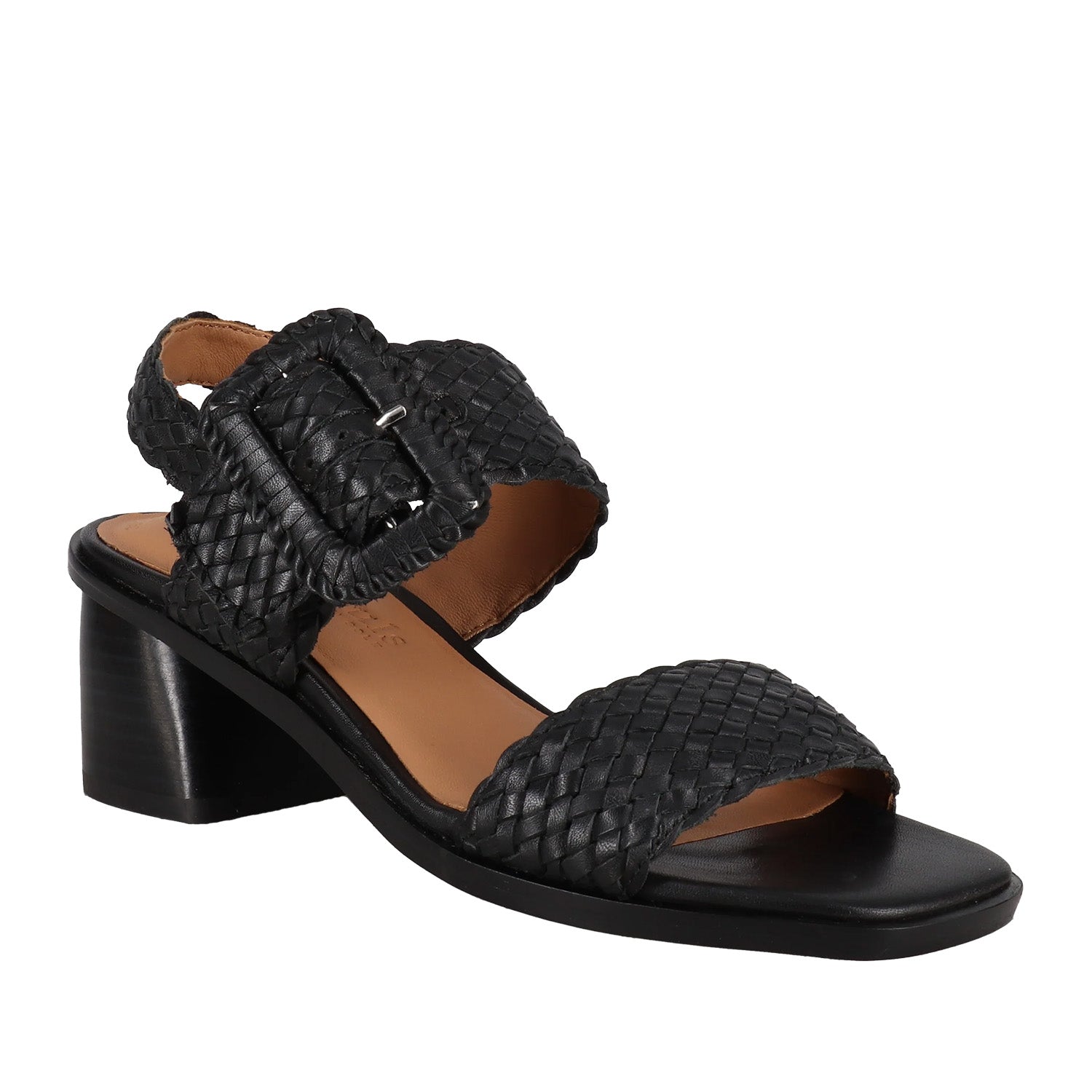 Black woven leather sandal with oversized adjustable buckle and block heel.