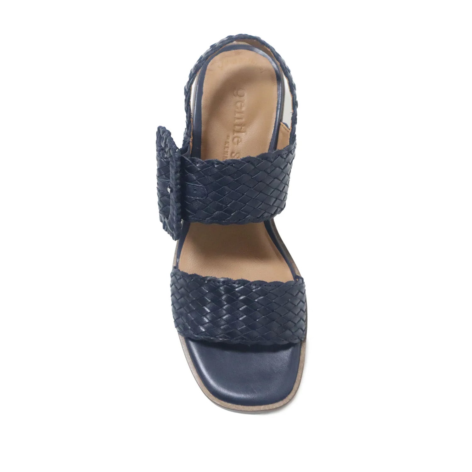 Navy blue woven leather sandal with oversized adjustable buckle and block heel.