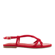 Bright red suede slingback sandal with knot detail.