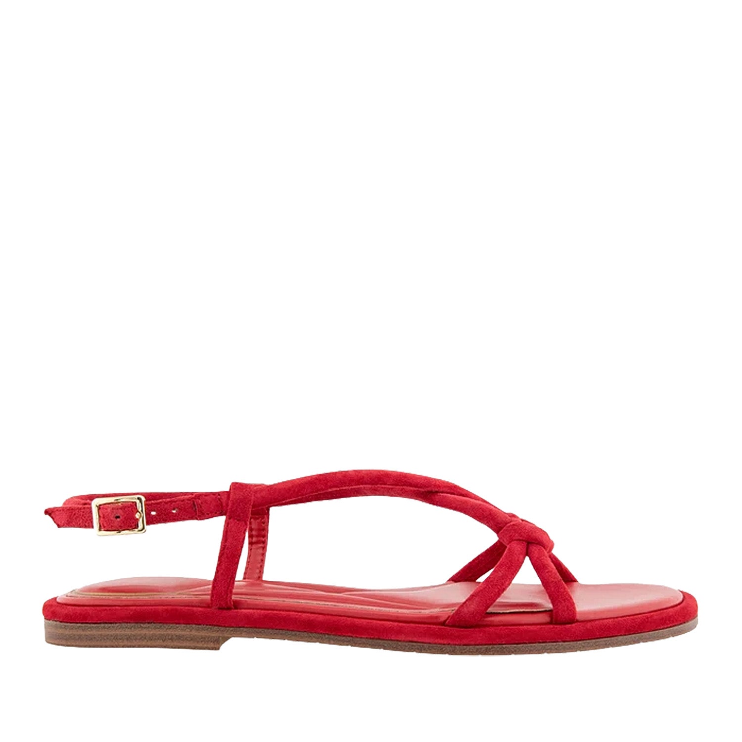 Bright red suede slingback sandal with knot detail.