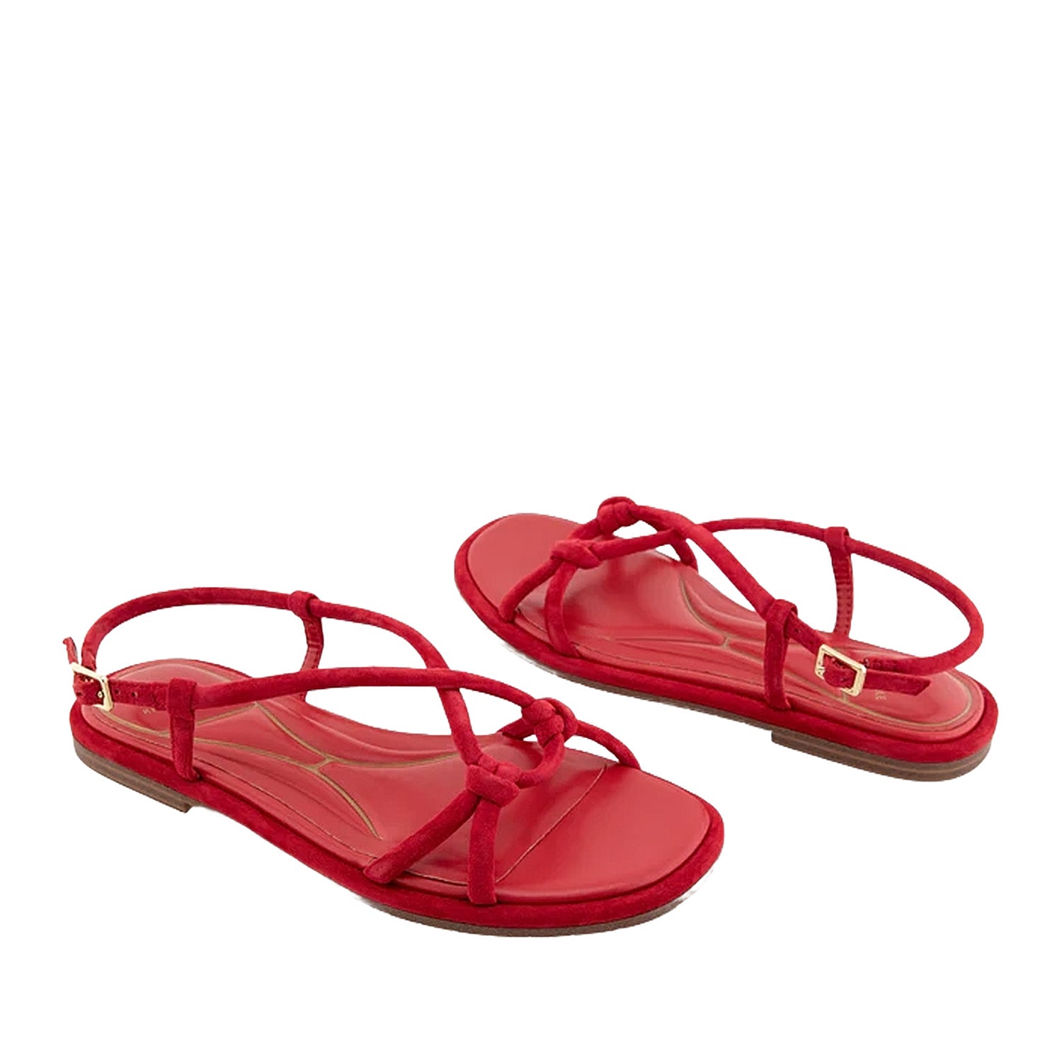 Bright red suede slingback sandal with knot detail.