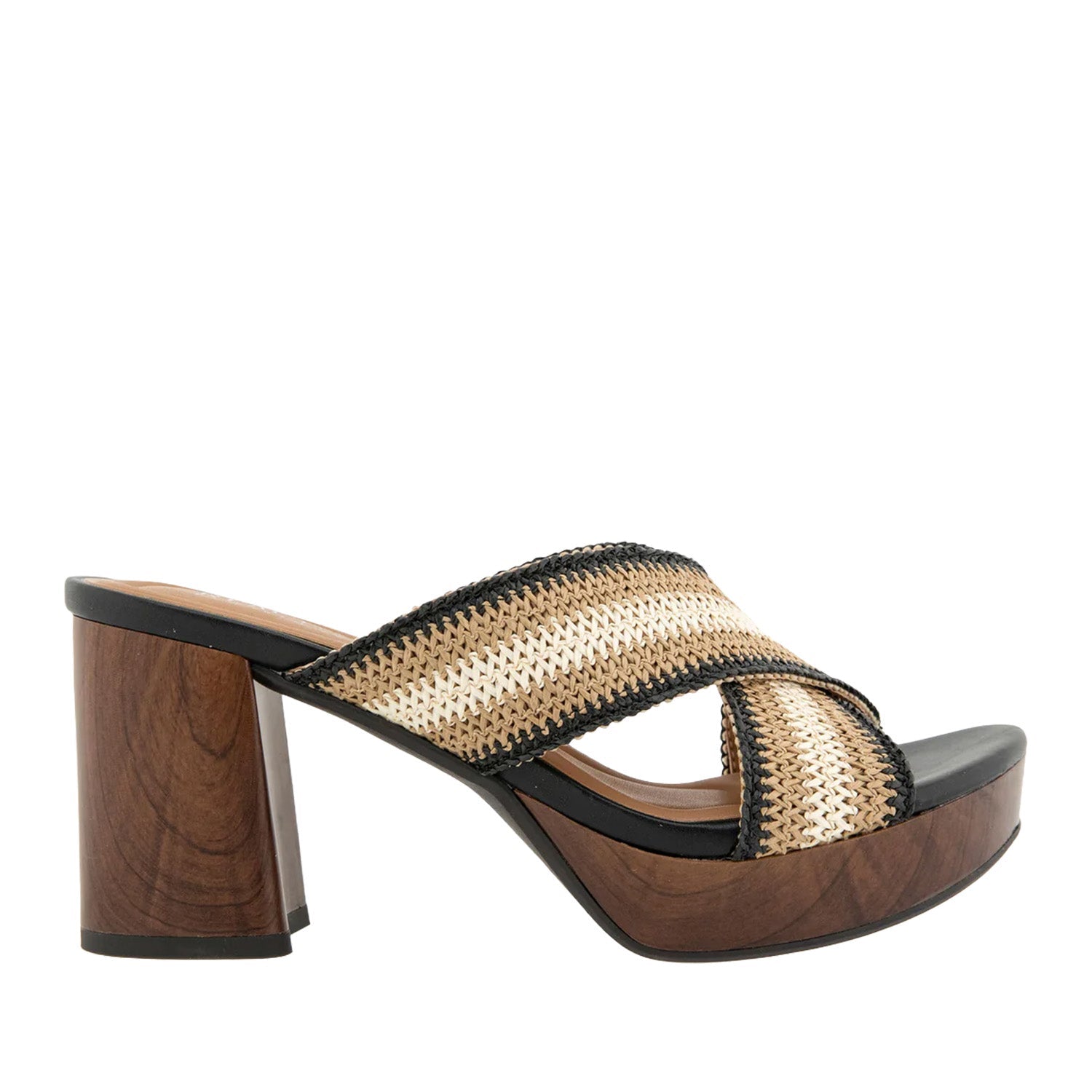Brown and black platform clog sandal with a crisscross woven striped strap. 