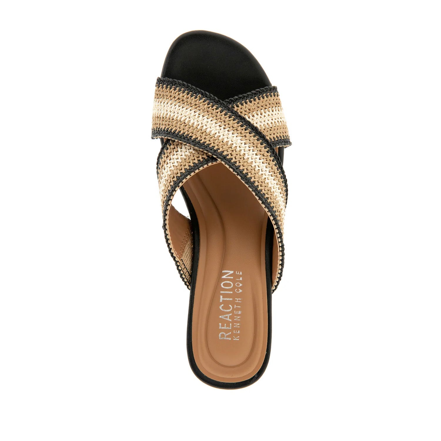 Brown and black platform clog sandal with a crisscross woven striped strap. 