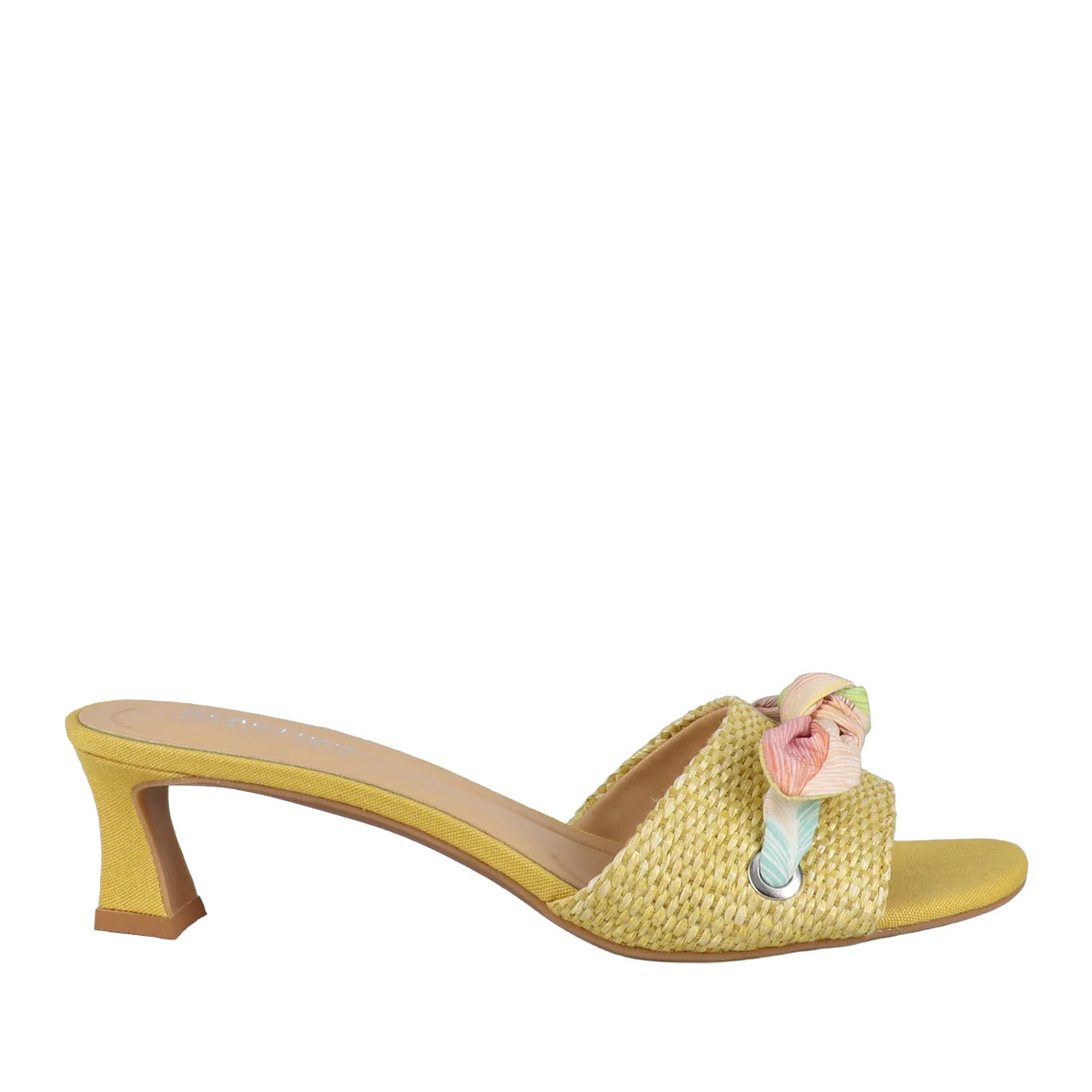 Yellow fabric slip-on kitten heel sandal with a tie-detail on toe strap. 