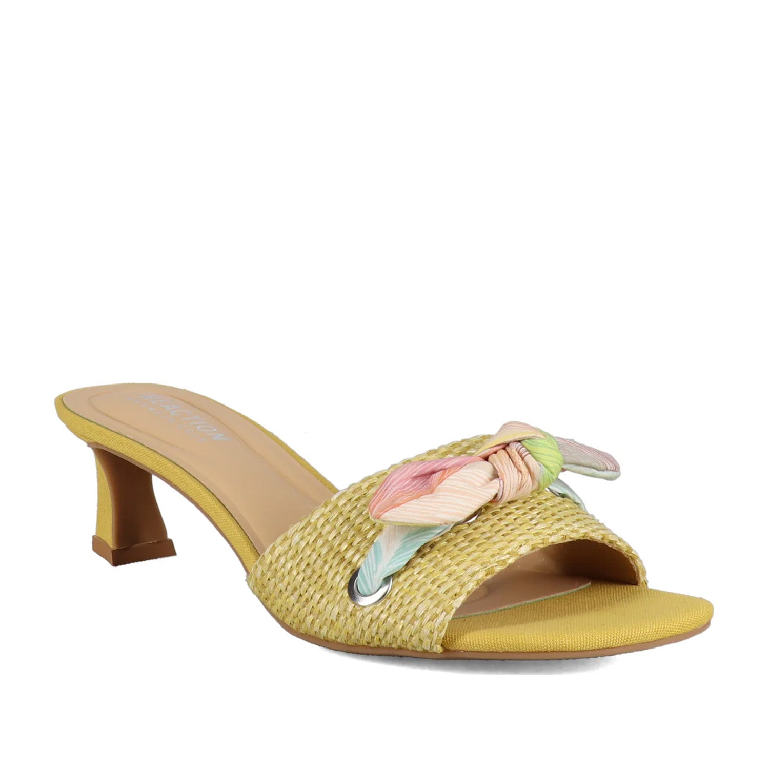 Yellow fabric slip-on kitten heel sandal with a tie-detail on toe strap. 