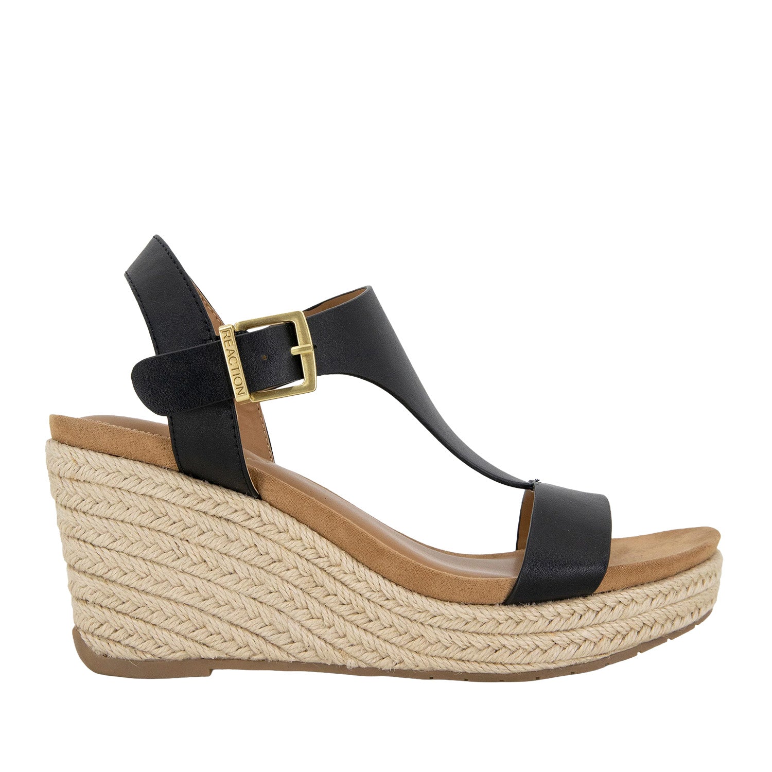 Black leather espadrille wedge sandal with a t-strap, and ankle buckle. 