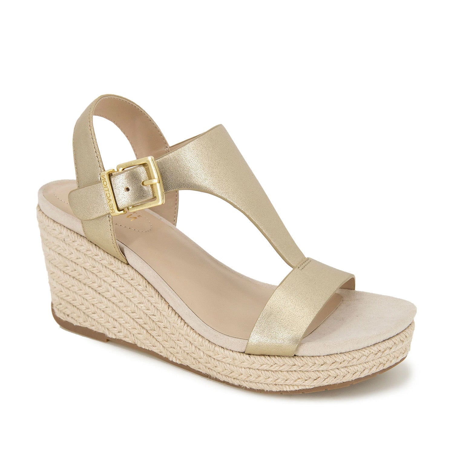 Gold metallic leather espadrille wedge sandal with a t-strap, and ankle buckle. 