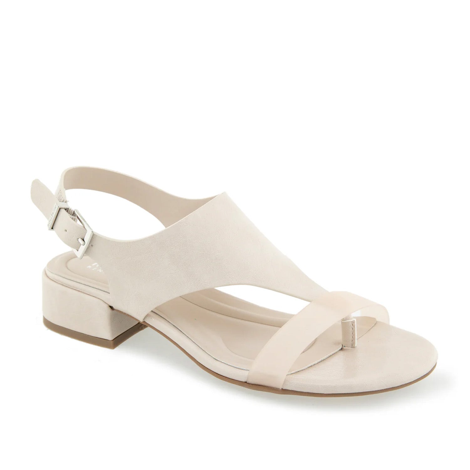 Cream-grey heeled sandal with a thong toe-post, ankle strap buckle, and low block heel. 