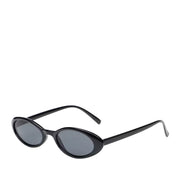 Black framed oval sunglasses on a white background