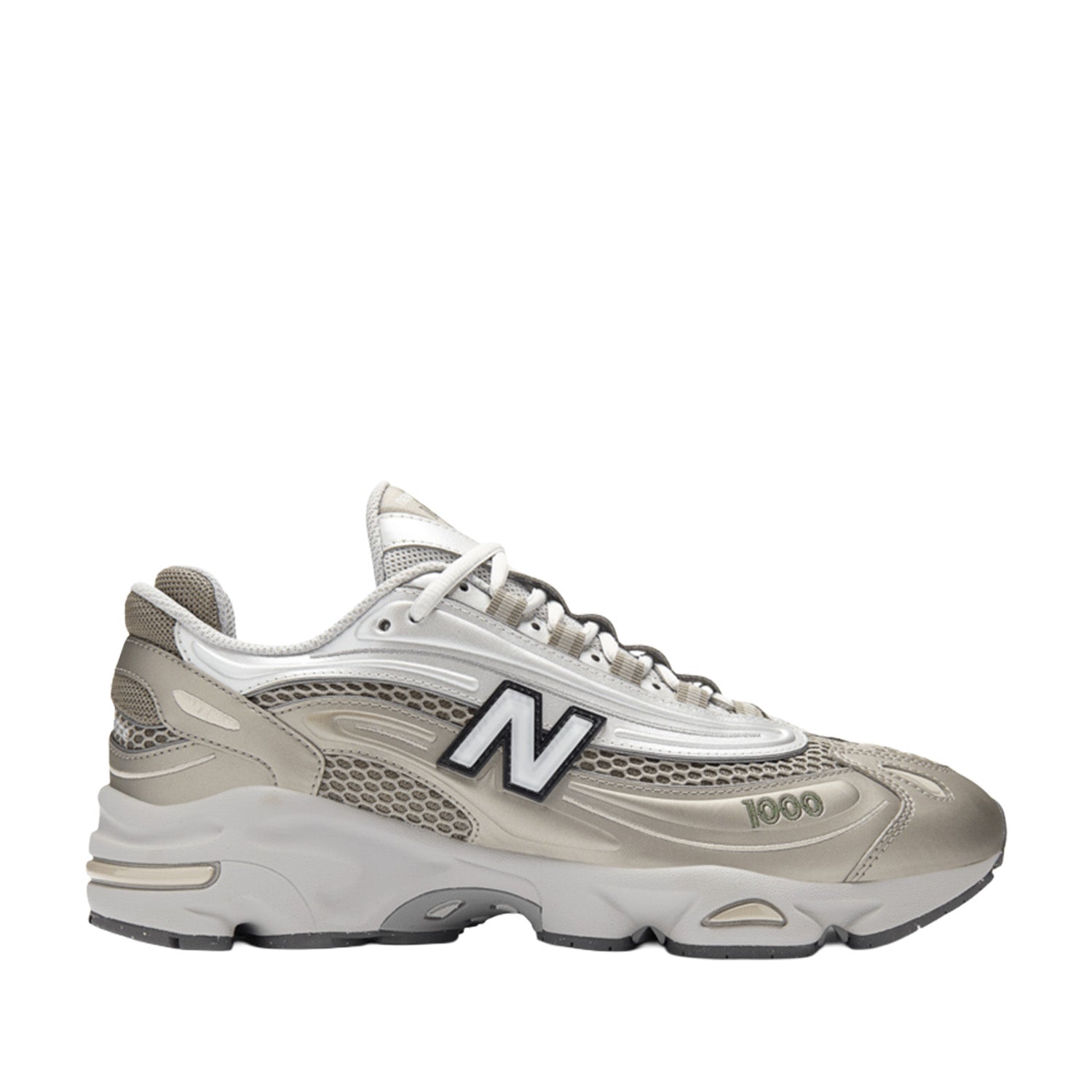 New Balance Unisex 1000 in Arid Stone with Light Silver Metallic and Dark Alpine Green