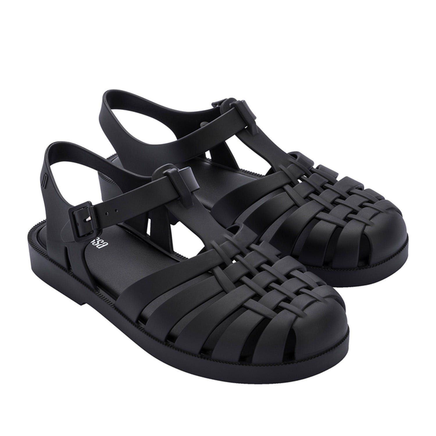 Black fisherman style jelly sandal on white background