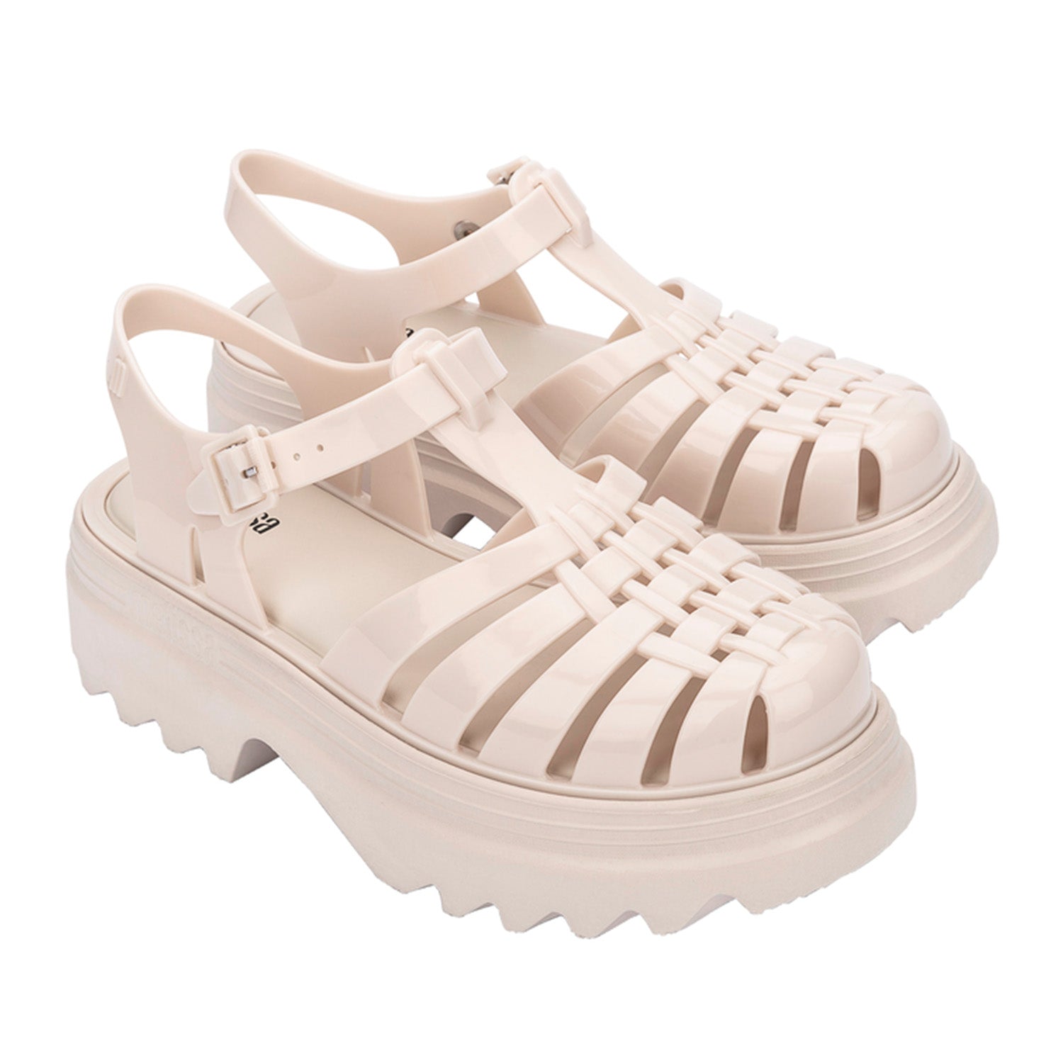 Cream fisherman style jelly sandal with platform sole on white background