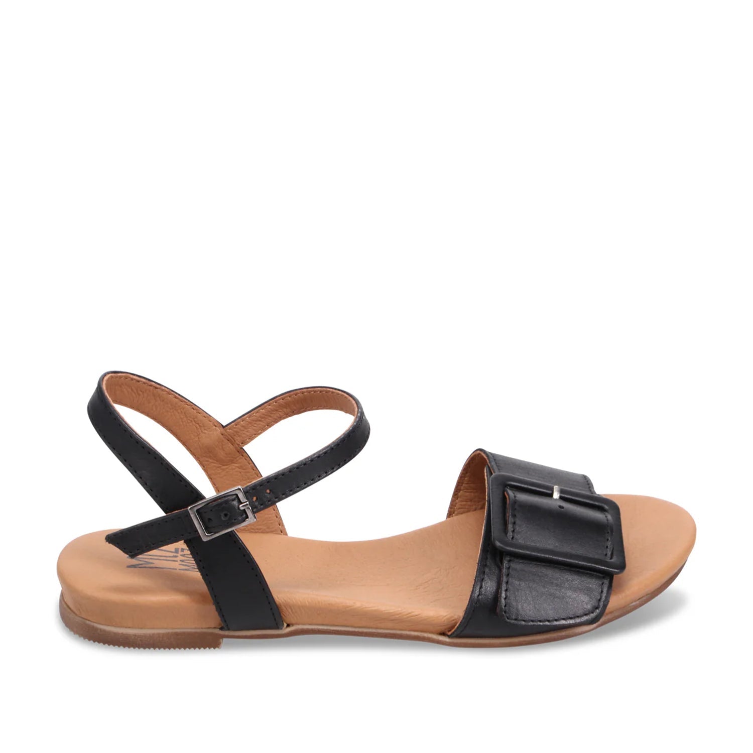 Black leather sandal with adjustable ankle strap on a white background