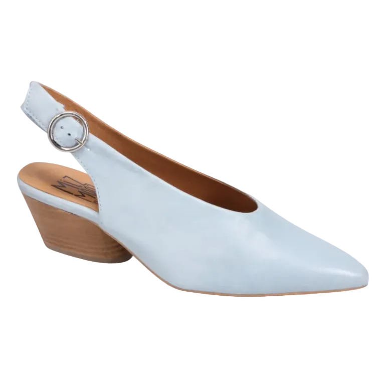 Light blue slingback heel with pointed toe on a white background.