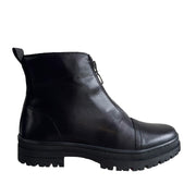 black front-zip ankle boot with chunky lug sole on a white background