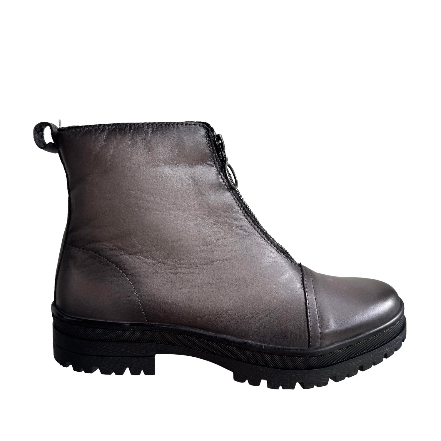 grey front-zip ankle boot with chunky lug sole on a white background