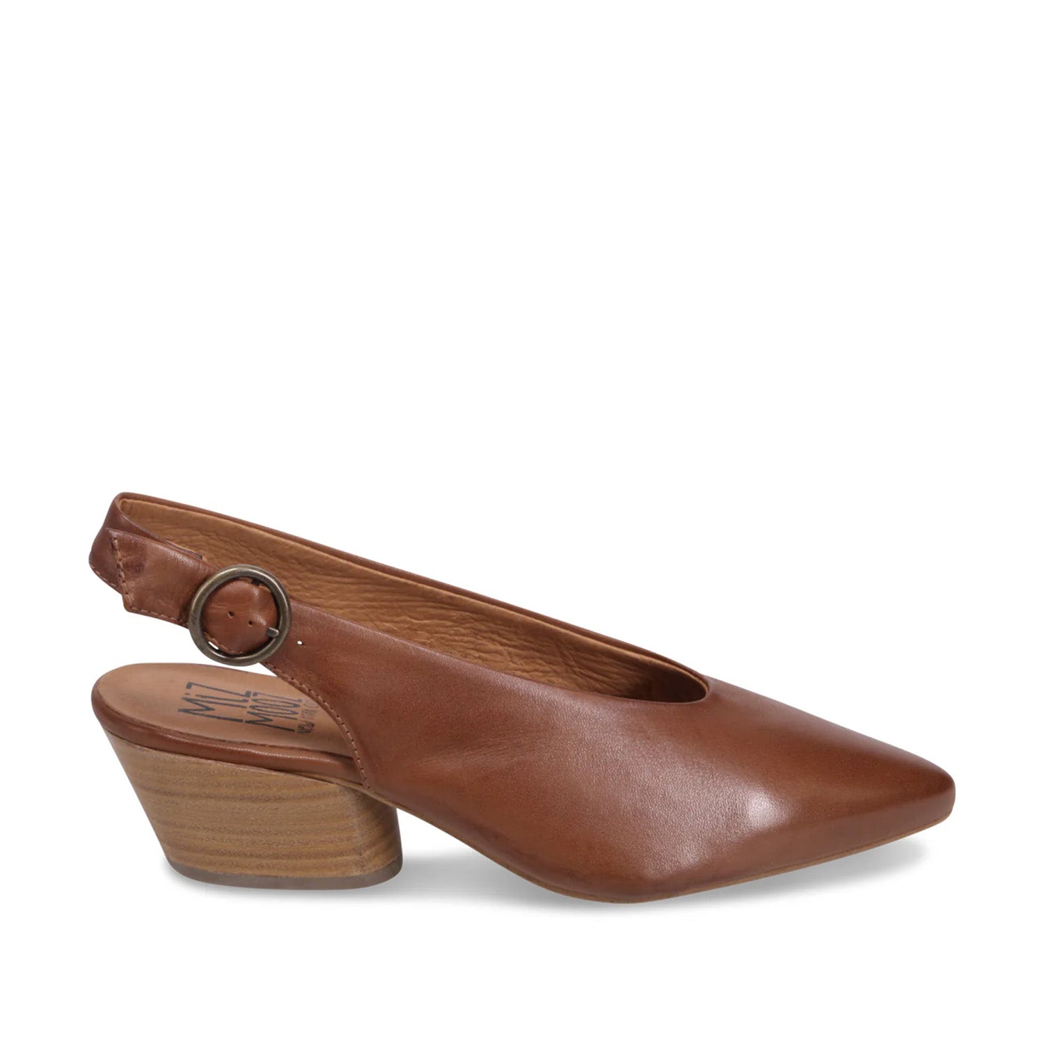 Brown slingback heels with pointed toe on a white background