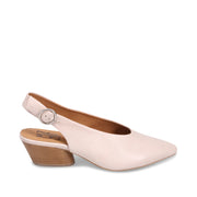 Cream slingback heels with pointed toe on a white background