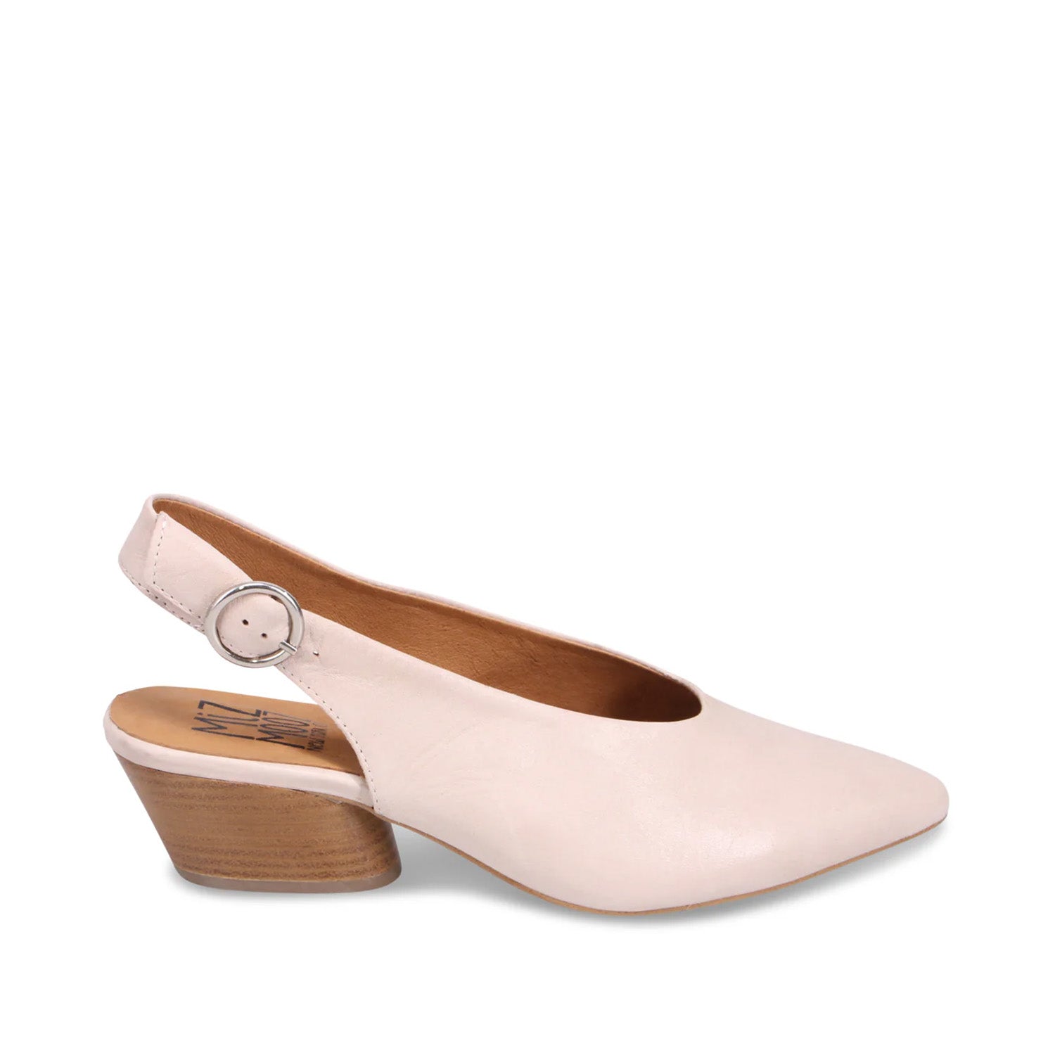 Cream slingback heels with pointed toe on a white background