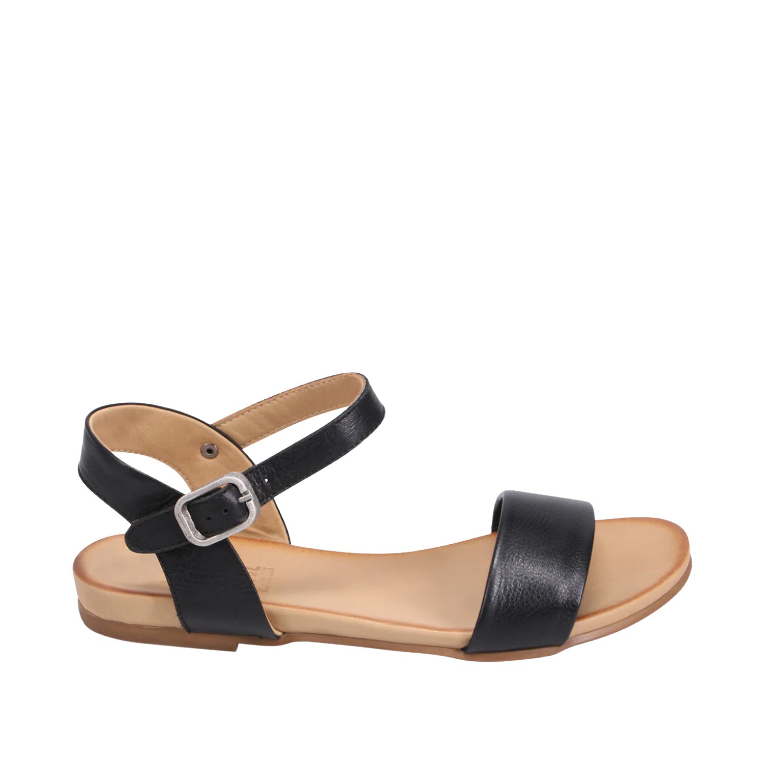 Black leather ankle strap flat sandal on a white background