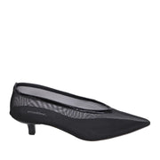 Black mesh kitten heel with a pointed toe on a white background.