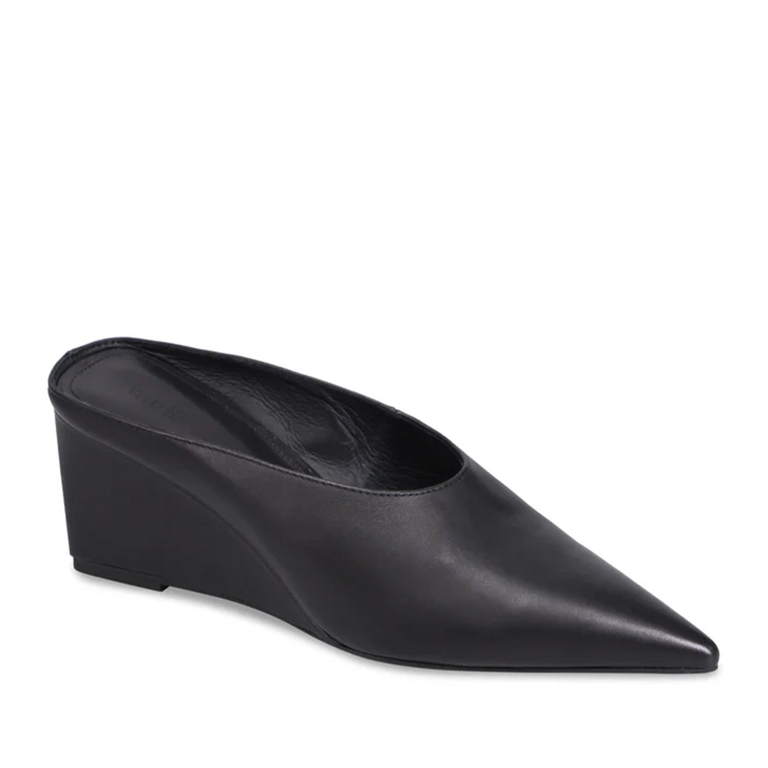 Black wedge heel with a pointed toe on a white background.