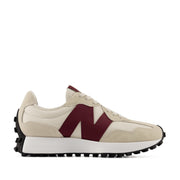 beige and burgundy sneaker on a white background