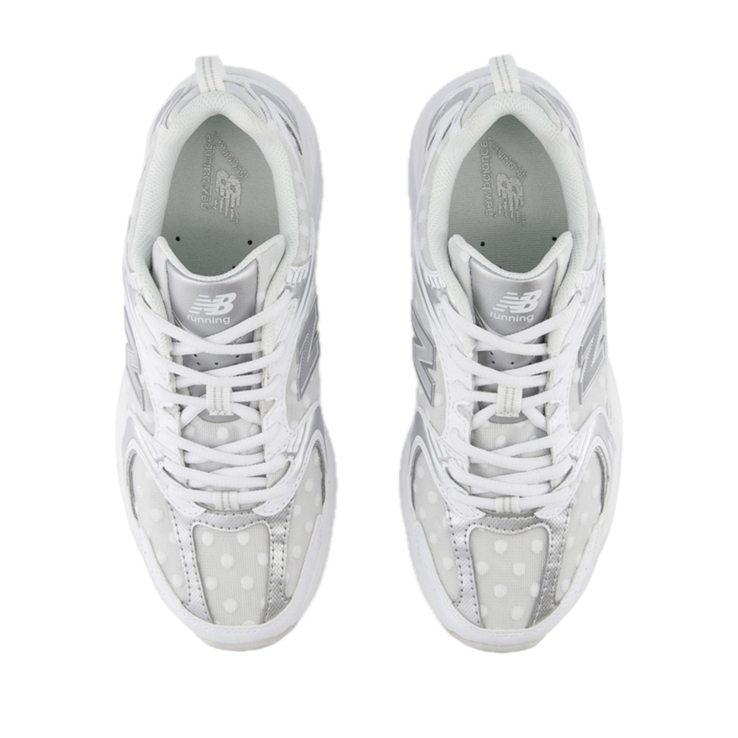 New Balance Women's 530 in White/Silver Metallic Polka Dot