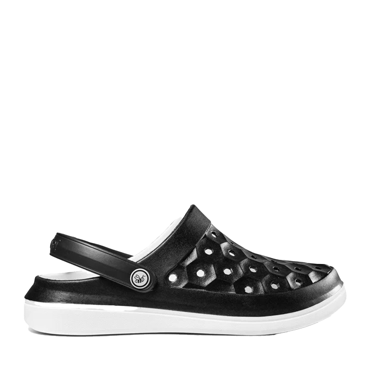 Black clog shoe with white sole on a white background