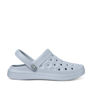 Light blue clog shoe on a white background