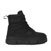black waterproof quilted nylon lace-up platform lug sole boot on a white background