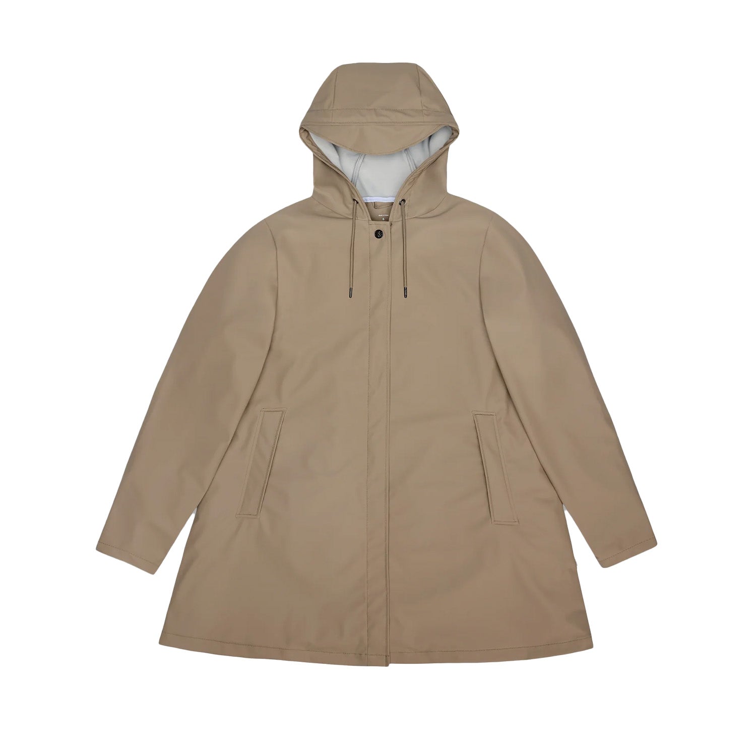beige a-line rain jacket on a white background