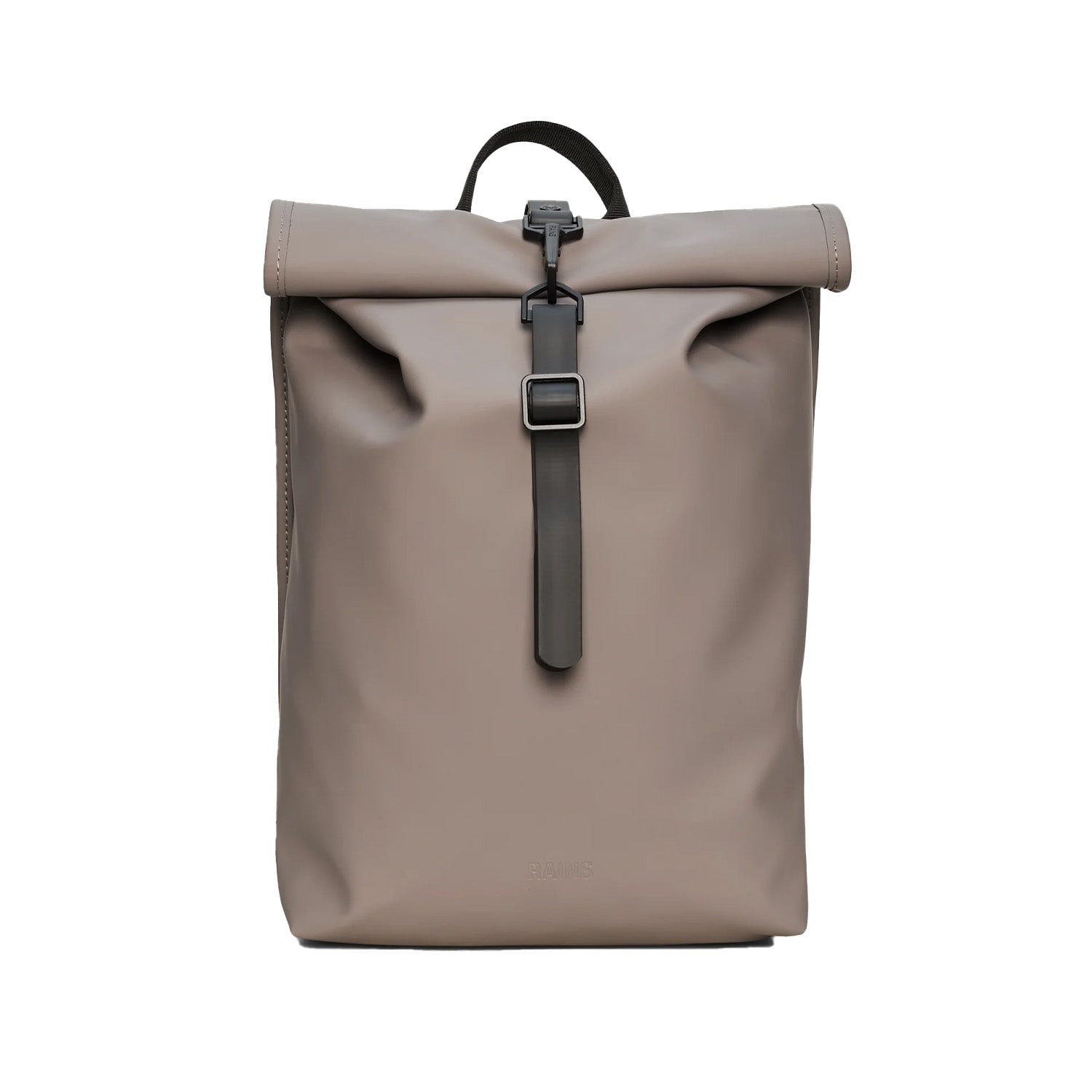 beige rolltop backpack on a white background