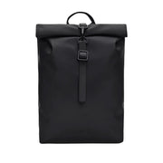 black rolltop backpack on a white background