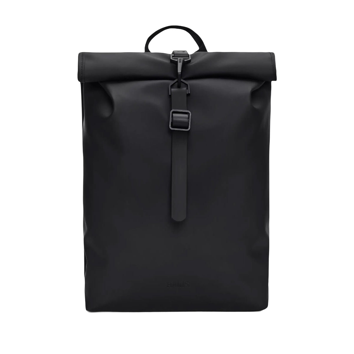 black rolltop backpack on a white background
