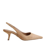 Tan suede slingback heel with a pointed toe