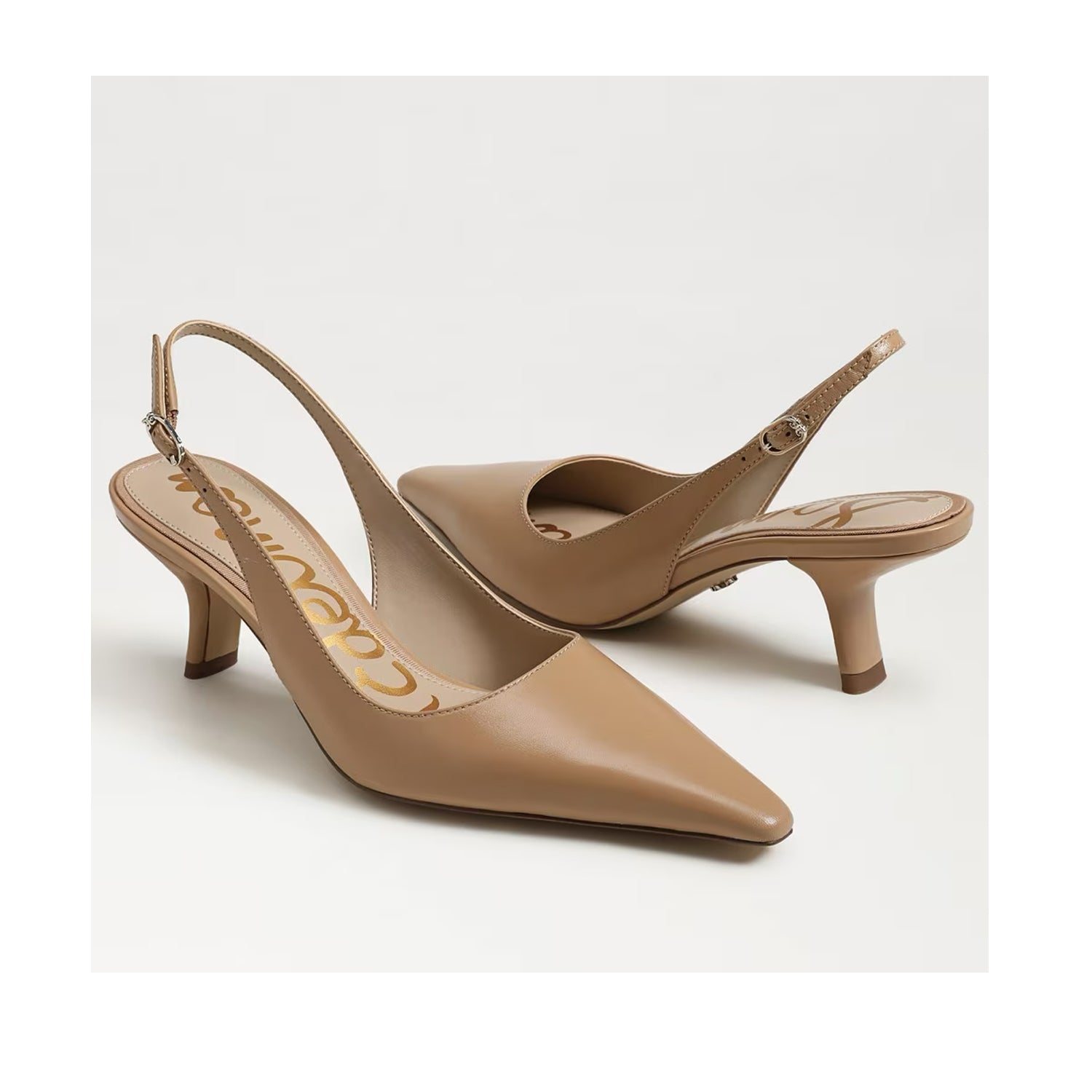 Nude leather slingback heel with a pointed toe