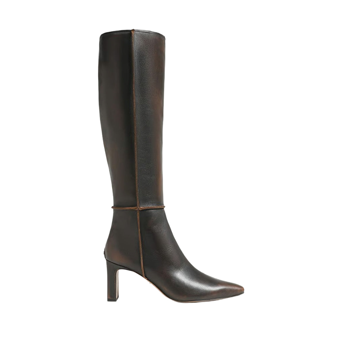 brown leather heeled knee high moto boot on a white background