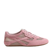 Pink sneaker with mesh design on a white background
