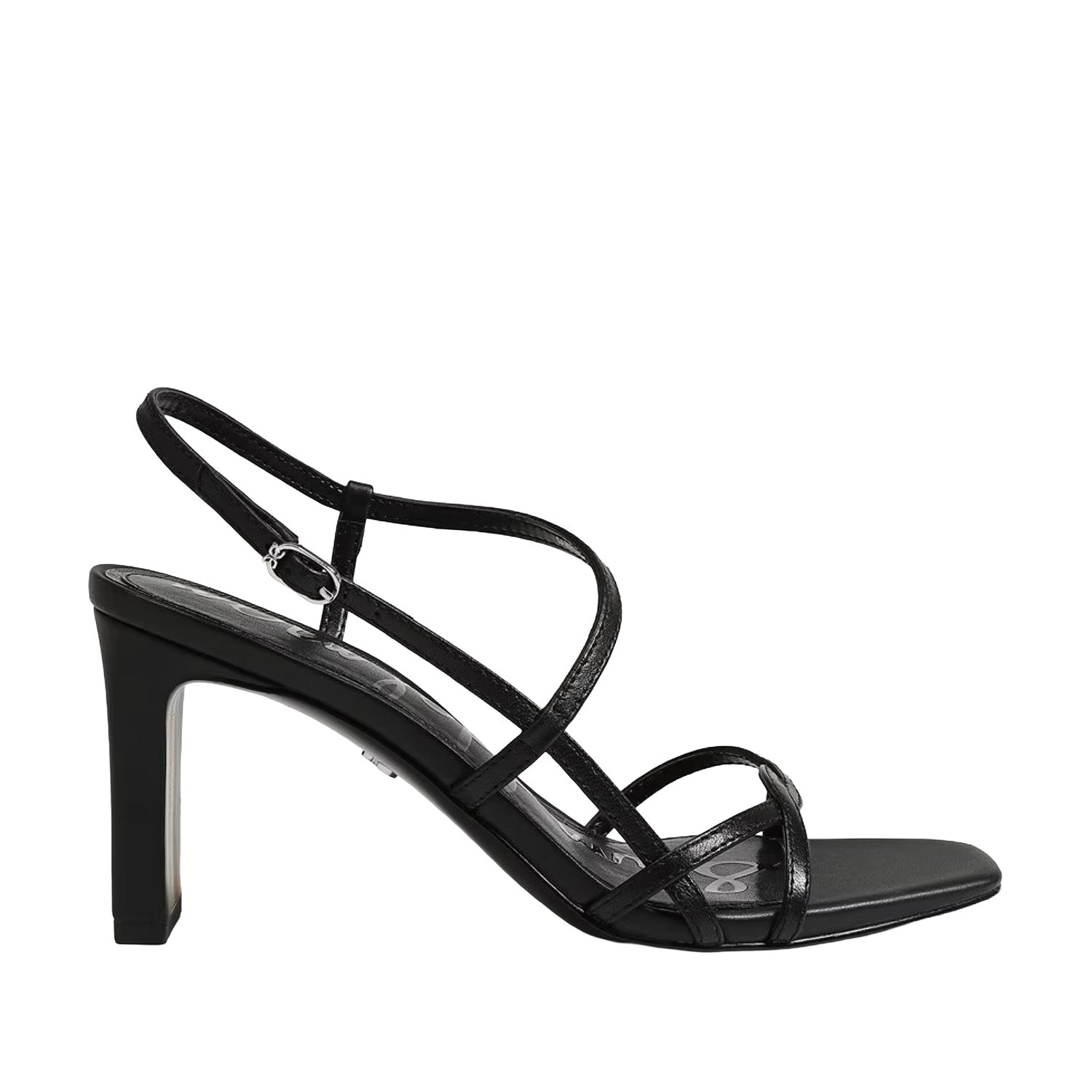 Black strappy high-heeled sandal on a white background