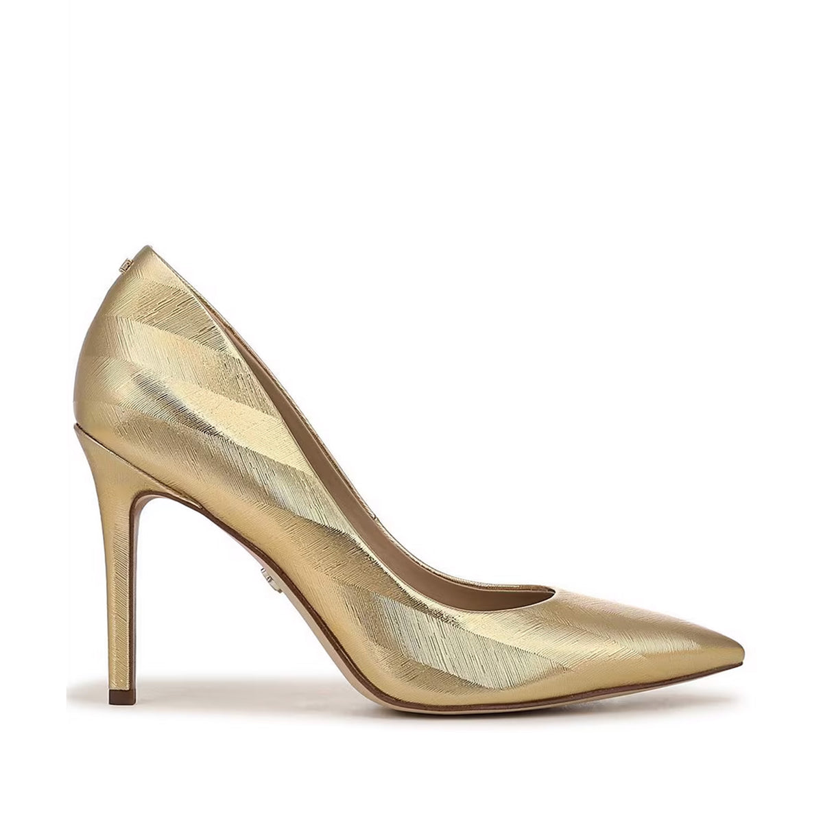 metallic gold striped pointed-toe stiletto pump on a white background