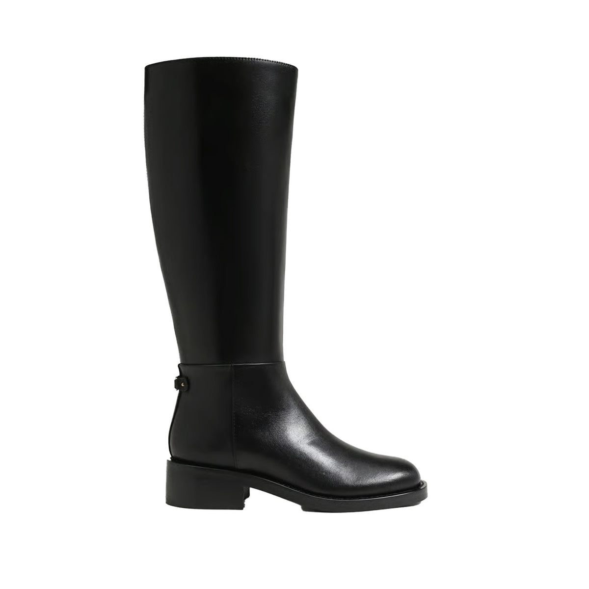 black leather riding boot on a white background
